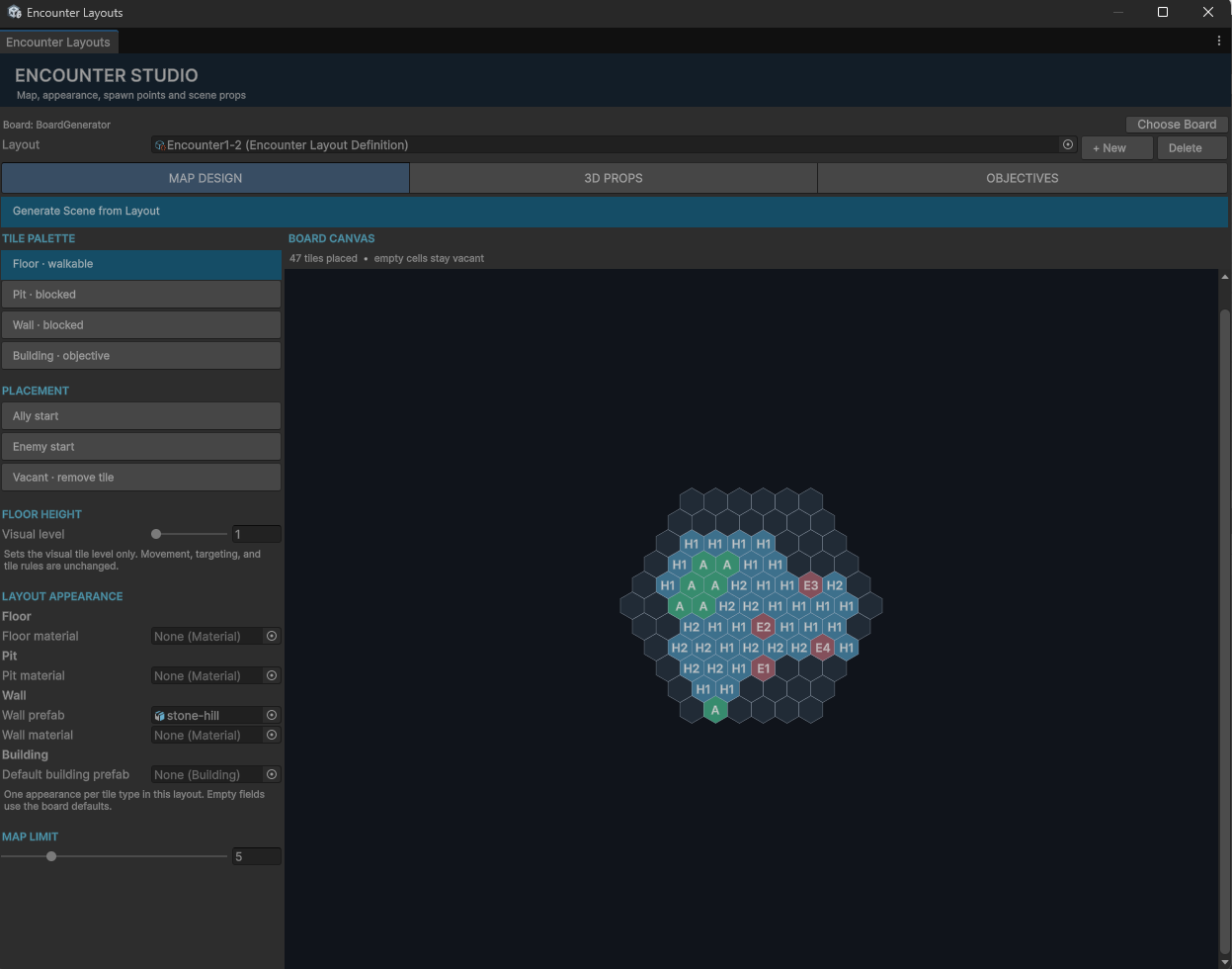 Encounter Studio with a hex-grid map canvas, tile palette, spawn positions, and floor settings